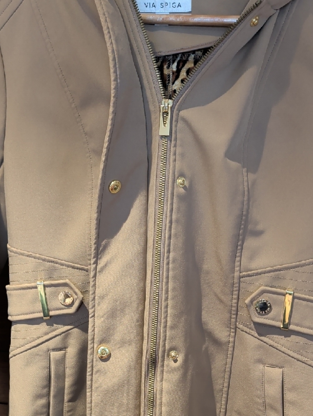 Via Spiga Camel Hooded Trench Coat with Leopard Lining - Picture 15 of 15